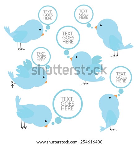 set of blue birds with speech bubbles. vector