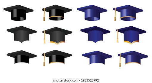 Conjunto de gorros o sombreros de graduación azules y negros aislados en fondo blanco.Educación universal.Concepto de diploma o grado.Ceremonia de graduación.Cartel, símbolo o logotipo aislado.Volver a la escuela.Tapa cuadrada.