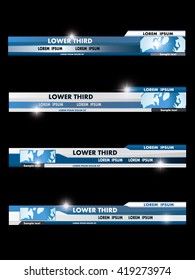 Set of blue, black, gray and white banners of lower third. Vector illustration.