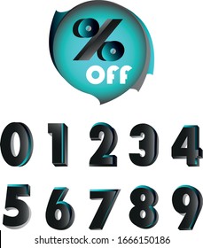 Set of blue and black numbers 1, 2, 3, 4, 5, 6, 7, 8, 9, 0 and percent sign. 3d illustration. 