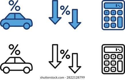 Set of blue and black outline icons representing car loan interest rates decreasing and financial calculator tools for automotive financing and budgeting