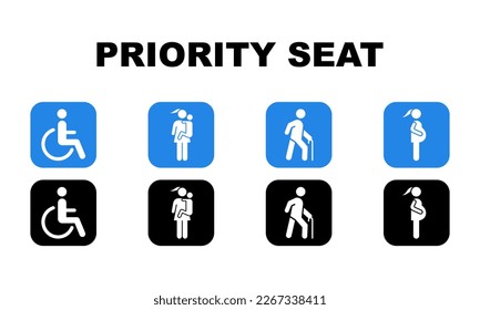 Set of blue and black priority seat vector signs. Priority seating for disability, pregnant woman, elderly person. Vector 10 Eps.