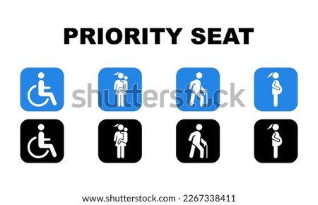 Set of blue and black priority seat vector signs. Priority seating for disability, pregnant woman, elderly person. Vector 10 Eps.