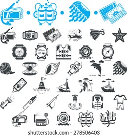 Set of blue and black vector icons for marine equipment, diving outfit and sea life on white background. 