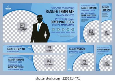 Set of Blue and Black Web banners templates, Coverpage Standard sizes with space. Vector illustration