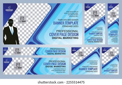 Set of Blue and Black Web banners templates, Coverpage Standard sizes with space. Vector illustration
