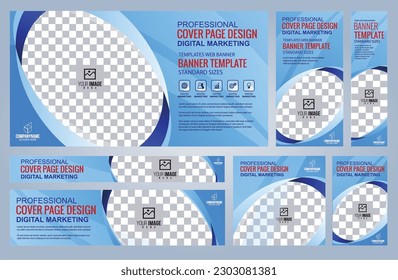 Set von Blue und Black Web Banner Vorlagen, Coverpage Standard Größen mit Leerzeichen. Vektorgrafik