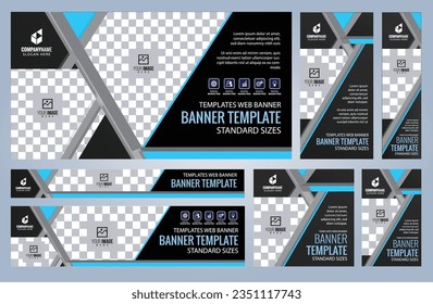 Set of Blue and Black Web banners templates, Coverpage Standard sizes with space. Vector illustration