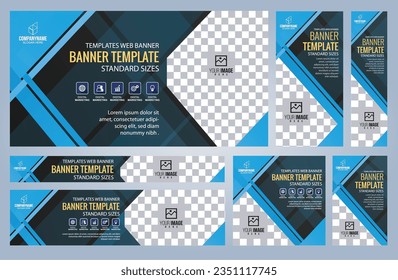 Set of Blue and Black Web banners templates, Coverpage Standard sizes with space. Vector illustration