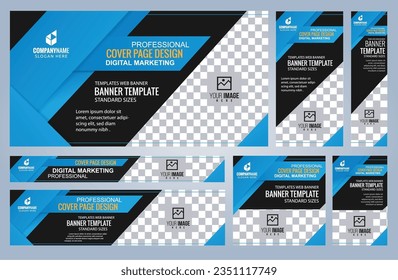 Set of Blue and Black Web banners templates, Coverpage Standard sizes with space. Vector illustration