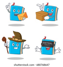 Set of blue book character with envelope box witch virtual