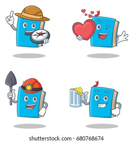 Set of blue book character with explorer heart miner juice
