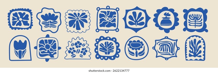 Set of blue botanical frame illustrations with vintage flair. Elegant geometric floral compositions inspired by springtime nature, featuring delicate seasonal bouquets and natural decorative elements.