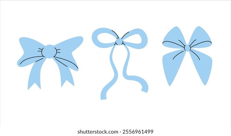 Set of Blue Bow Illustrations. Collection of Cute Pink Ribbons and Bows. Romantic Elements for Birthday and Valentine's Day.