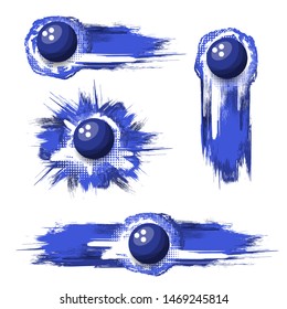 Set of blue bowling balls with different grunge ink blots frames isolated on white background