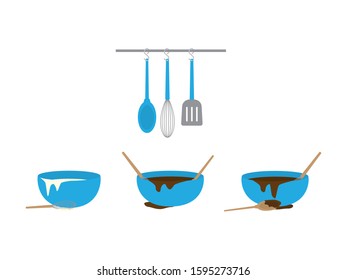 Set of Blue Bowls with Chocolate mix and Blue Kitchen Utensils on White Background