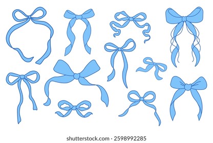 Set of blue bows. Bowknots for hair decor. Trendy girls hair braiding accessories. Vector Illustration
