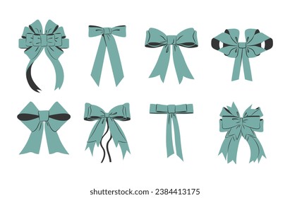 Set of blue bows. Elements of decor for gifts and clothes. Beauty, elegance and aesthetics. Fashion and trend. Wrapping package. Cartoon flat vector collection isolated on white background