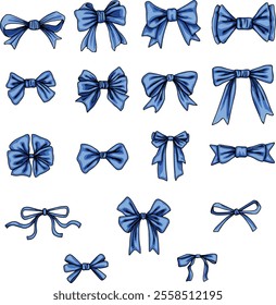 Set blue bows and ribbons for hair. Flat vector illustrations set. Trendy bow for presents wrapping. Gift birthday xmas sale decor. Cute vintage hairstyle elements collection