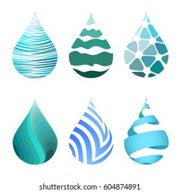 Set of blue bright different water drop icons. water drop logo.  vector