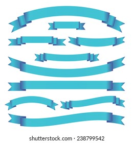 Set of blue bright ribbons and banners on white background. Collection of blank scrolls for your design. Vector illustration.