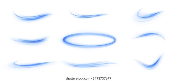 Set of blue bright swirls on a white background, glowing spiral line effect. For web design and gaming industry.