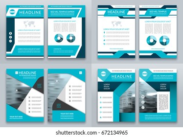 Set of blue brochure flyer layout templates. A4 size. Front and back page. Can be used for cover design, leaflet, booklet, annual report, magazine