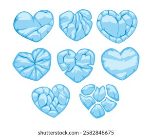 Set of blue broken ice heart collection cartoon, cold frozen heart, frozen ice fragments in shape of heart, anti Valentine's day conception. Frozen ice fragments in shape of heart, break up concept.