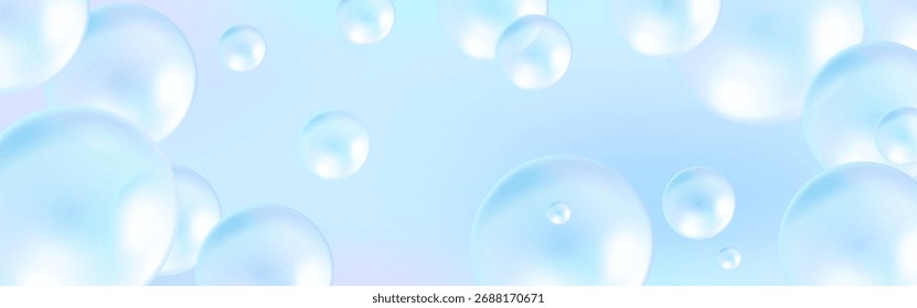 Conjunto de bolhas azuis com brilho perolado sobre fundo azul claro.