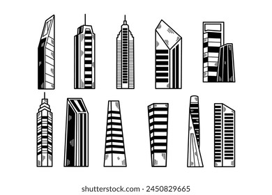 A set of blue buildings with different shapes and sizes. The buildings are drawn in a cartoon style and are arranged in a grid