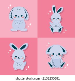 set of blue bunnies illustrations
