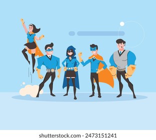 Set of Blue Business superheroes. Vector illustration.
