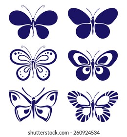 set of blue butterflies