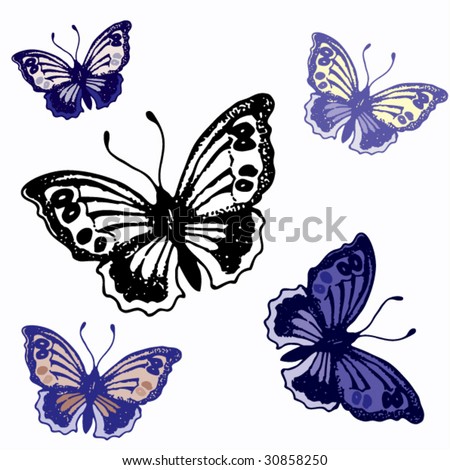 set of blue butterflies