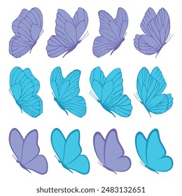 Set of blue butterflies. Collection of butterflies. Vector illustration. Violet butterflies clipart set. Baby shower design elements. Party invitation, birthday celebration. Spring, summer decoration