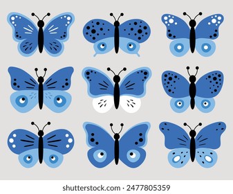 Set of blue butterflies isolated on white background, collection of silhouettes. Butterfly blue color, flying shape, vector design. Abstract modern monarch butterfly contours for decoration design