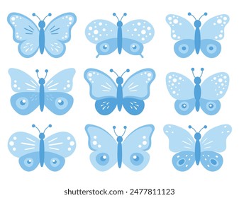 Set of blue butterflies isolated on white background, collection of silhouettes. Butterfly black color, flying shape, vector design. Abstract modern monarch butterfly contours for decoration design