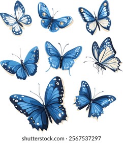 set of blue butterflies, vector illustration. Beautiful watercolor butterflies, spring 