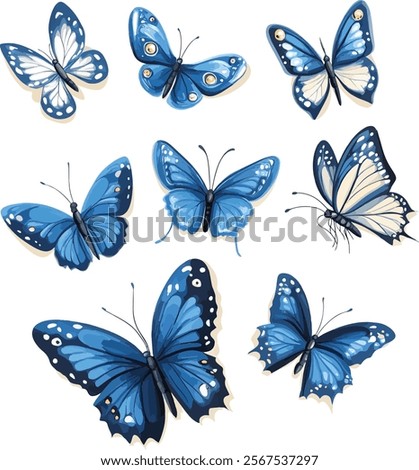 set of blue butterflies, vector illustration. Beautiful watercolor butterflies, spring 