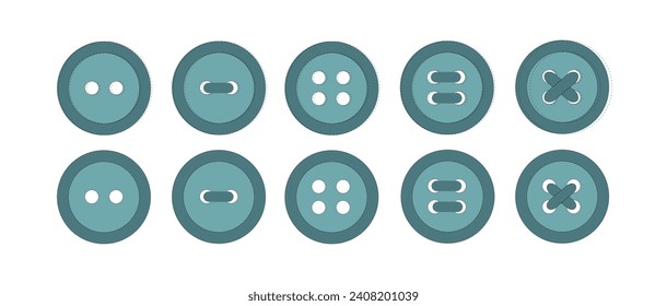 Set of blue buttons. Button with two and four holes. Sewn on buttons. Sewing decor, elements. Vector illustration.