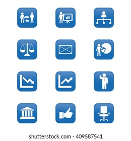 Set of blue buttons with different business icons on a white background