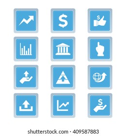 Set of blue buttons with different business icons on a white background
