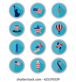 Set of blue buttons with different icons for american holidays