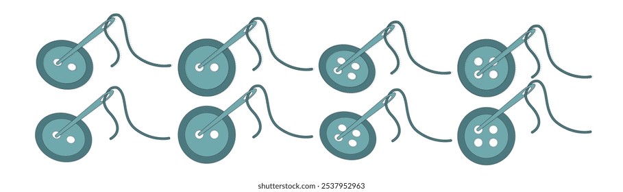 Conjunto de botões azuis com uma agulha de costura. Botões de silhueta com dois e quatro furos. Contorno de fios com uma agulha que costura botões. Decoração de costura, elementos