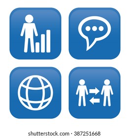 Set of blue buttons with white silhouettes of different icons on a white background