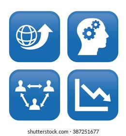 Set of blue buttons with white silhouettes of different icons on a white background