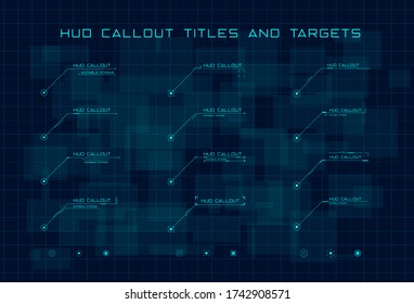 Set of blue callout titles and targets in HUD style on dark blue digital hi tech background. Editable stroke. Good for animation. Vector