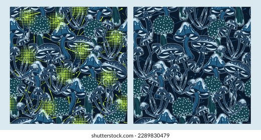 Set of blue camouflage patterns with fantasy mushrooms, yellow neon halftone shapes like flash. Dark textured background behind. Good for apparel, clothing, fabric, textile, sport goods.