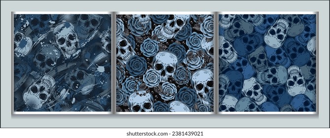 Conjunto de patrones de camuflaje azul con cráneos humanos, brochas abstractas, rosas. Composición caótica aleatoria. Bien por prendas de vestir, ropa, tela, textiles, artículos deportivos.