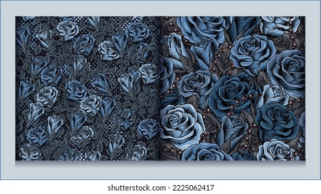 Set of blue camouflage patterns with roses roses, gray leaves, round halftone shapes, chains. Dense composition with random overlapping elements. Good for female apparel, fabric, textile, sport goods.